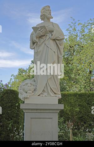 Sculpture de Saint Marc l'Apôtre avec Bible, Saint, UNESCO Sainte Marie et église Saint Marc, Minster, Mittelzell, île de Reichenau, Untersee, lac Constan Banque D'Images