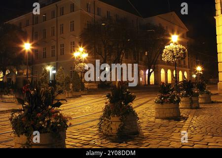 Place Rynok et Hôtel de ville à Lviv la nuit Banque D'Images