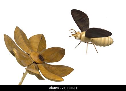 Modèle d'une abeille en bois volant vers une fleur en bois, coupée sur blanc Banque D'Images