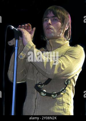 Oasis en concert au Finsbury Park, Londres 6 juillet 2002. Banque D'Images