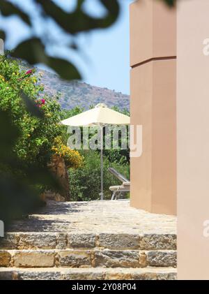 Jardin Cour avec de belles fleurs. Crète, Grèce, Europe Banque D'Images