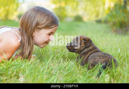 Cute little girl and dog puppy. L'amitié et de concept de soins Banque D'Images