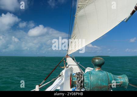 La voile vibrante est capturée à mi-bouffée, laissant entendre un vent vif poussant le navire vers l'avant, une vue rapprochée de la voile d'un voilier par une journée ensoleillée. Banque D'Images