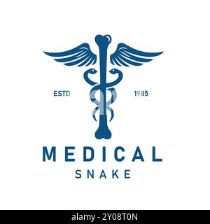 Vintage logo avec Caduceus symbole avec deux serpents enroulés autour d'un personnel d'os ailé, santé et guérison symbole pour les institutions médicales, cliniques ou h. Illustration de Vecteur