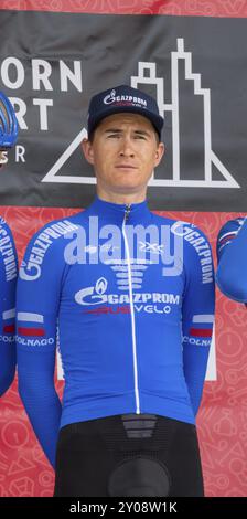 ESCHBORN, ALLEMAGNE, 1er MAI 2018 : Ildar Arslanov (Gazprom-RusVelo) à la course cycliste Eschborn-Francfort Banque D'Images