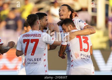 Milan Djuric, l’attaquant bosniaque de Monza, célèbre après avoir marqué un but lors du match de Serie A Fiorentina vs Monza au stade Artemio franchi le 31 septembre 2024 à Florence. Banque D'Images