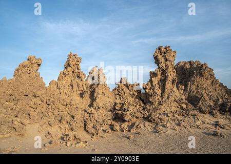 Cheminées préhistoriques formations rocheuses minérales, ancien fond du lac salé Abbé, région de Dikhil, Djibouti Banque D'Images