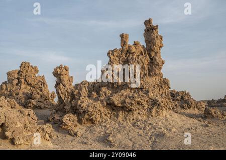 Cheminées préhistoriques formations rocheuses minérales, ancien fond du lac salé Abbé, région de Dikhil, Djibouti Banque D'Images