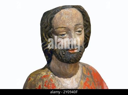 Détail du Palmesel, figure en bois datant d'environ 1380, tête du Christ, Hohenzollerisches Landesmuseum, Hechingen, Bade-Wuerttemberg, Allemagne, Europe Banque D'Images