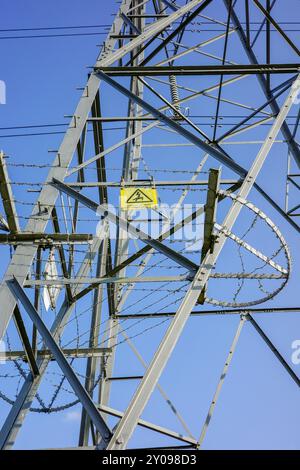 Pylône électrique en acier avec panneau d'avertissement contre un ciel bleu clair sans nuages. Banque D'Images