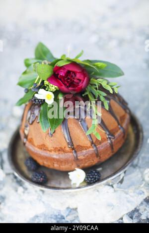 Gâteau au chocolat décoré de fleurs fraîches et de blackberry sur fond gris rustique Banque D'Images