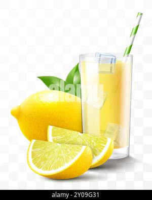 Un verre de limonade fraîche ou de smoothie au citron avec des glaçons tombant dans le verre. Tasse de cocktail ou jus de citron avec fruits citronnés, isolé sur trans Illustration de Vecteur