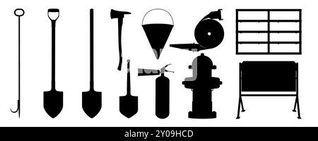 Ensemble d'icônes d'équipement d'extinction d'incendie. Extincteur, pelle, hache de pompiers, seau à feu, harpon de feu, enrouleur de tuyau d'incendie, bouche d'incendie, outils Illustration de Vecteur