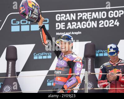 Alvcaniz, ESP. 01 Sep, 2024. Vainqueur du podium 89 Jorge Martin (Spa-Pramac Racing Ducati) lors du Moto Grand Prix GoPro d'Aragon essais libres MotoGP vendredi, MotoGP d'Espagne au circuit Motorland à Alcaniz le 1er septembre 2024 à Alcaniz, Espagne. (Photo de Fabio Averna/Sipa USA) crédit : Sipa USA/Alamy Live News Banque D'Images