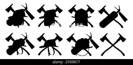Équipement de protection contre les incendies, extincteur croisé et icône d'axe, panneaux d'urgence. Ensemble d'outils de lutte contre les flammes - extincteur, casque ou chapeau de feu, hache, Illustration de Vecteur