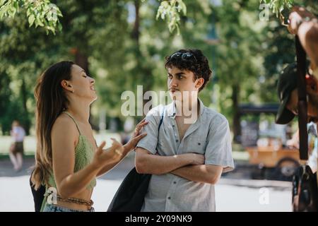 Deux amis ayant une conversation dans un parc ensoleillé avec l'un à l'air expressif et l'autre avec les bras croisés Banque D'Images