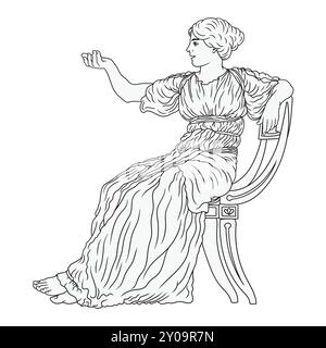Une jeune femme grecque ancienne dans une tunique est assise sur une chaise, parle et gesticule, levant la main. Figure isolée sur fond blanc Illustration de Vecteur