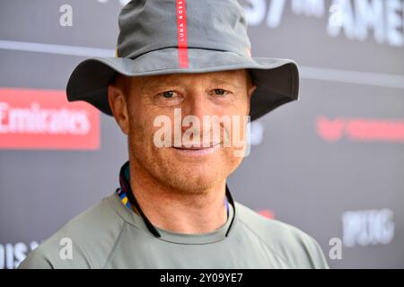 James Spithill, tireur sur Luna Rossa Prada Pirelli, challenger italien pour la 37ème Coupe de l’America à Barcelone en Espagne Banque D'Images