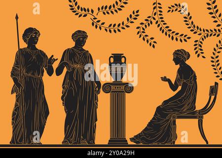 Trois anciennes femmes grecques en tuniques dialoguent dans le jardin. Dessin imitant la peinture grecque antique sur vases et plats Illustration de Vecteur