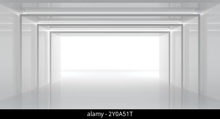 Passage architectural blanc avec lumière à la fin, fond d'illustration 3D moderne. Banque D'Images