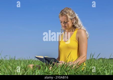 Jeune blonde woman reading book in grass with blue sky Banque D'Images