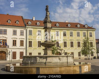 Fontaine en pierre avec statue sur une place publique devant un bâtiment historique aux façades beige et rouge au soleil, bratislava, slovaquie Banque D'Images