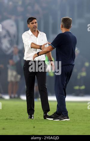 Rome, Italie 31.08.2024 : Paulo Fonseca entraîneur de Milan accueille Marco Baroni entraîneur Lazio à la fin du championnat italien de football Serie A Enilive 20 Banque D'Images