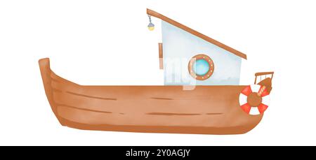 Bateau brun avec une cabine, une bouée de sauvetage rouge et blanc et une lampe, avec une fenêtre ronde aquarelle illustration numérique vacances pour enfants pour l'impression et Banque D'Images
