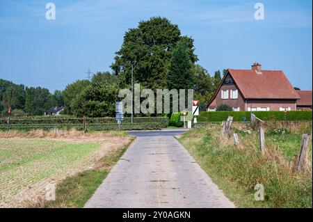 Route à travers des champs agricoles et ferme à Ternat, Brabant flamand, Belgique Banque D'Images