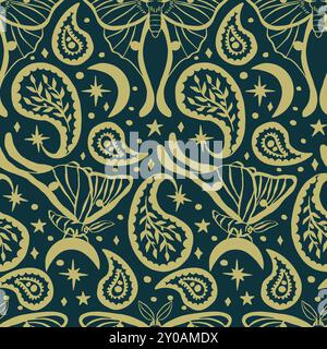 Motif sans couture crème et sarcelle avec motif céleste luna Moth et Paisley Illustration de Vecteur
