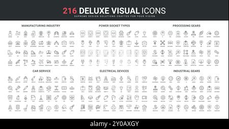 Fabrication, entrepôt de l'industrie et électricité, traitement des engrenages, ensemble d'icônes de ligne de service de voiture. Prise de courant différente, appareils électriques, illustration vectorielle de symboles de contour noir mince de boîte à outils Illustration de Vecteur