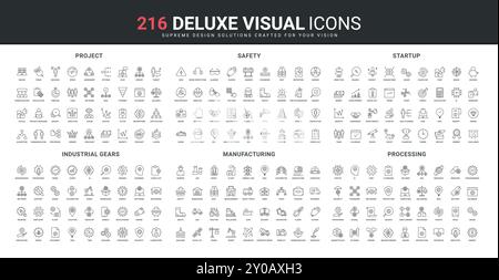 Engrenages et équipements, protection du travail dans la construction et ensemble d'icônes de ligne d'industrie. Lancement de fusée du nouveau projet et démarrage, illustration vectorielle de symboles de contour noir mince d'automatisation de fabrication Illustration de Vecteur