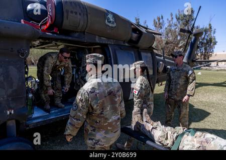 La Garde nationale de l'armée du Texas et des soldats de l'armée chilienne chargent une litière sur un hélicoptère US UH-60 Blackhawk tout en menant une formation d'évacuation médicale pendant Southern Fenix 24 (SF24) à Campo Militar Pozo Almonte, Chili, le 29 août 2024. SF24 est un exercice multinational entre les armées américaine, chilienne et Argentine visant à accroître l'interopérabilité technique et procédurale tout en renforçant la coopération hémisphérique. (Photo de la Garde nationale de l'armée américaine par le sergent de première classe Jonathan Pietrantoni) Banque D'Images