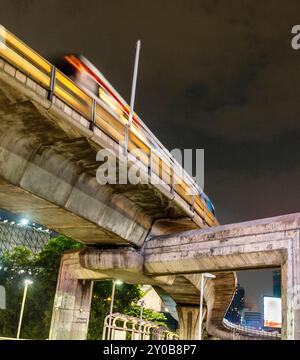 La nuit, un train aérien de passagers se précipite sur d'énormes piliers en béton, soutenant le train courbe massif entourant un centre-ville animé ci de trafic Banque D'Images