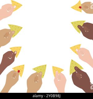 Mains d'hommes et de femmes de race différente tiennent des nachos de maïs et d'épinards en forme rectangulaire Copyspace. Bordure de cadre carré abstrait isolée. Lettrage, inscriptions, cartes, affiches, modèle de dépliant Illustration de Vecteur