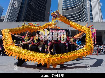 Toronto, Canada. 1er septembre 2024. Des artistes jouent la danse du dragon lors du Festival du dragon de Toronto 2024 au Nathan Phillips Square à Toronto, Canada, le 1er septembre 2024. Crédit : Zou Zheng/Xinhua/Alamy Live News Banque D'Images