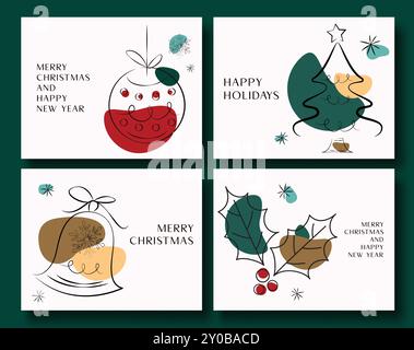 Joyeux noël carte de voeux vecteur set design. Texte de voeux de Noël avec boule de Noël suspendue, sapin, cloche et éléments de doodle holly Berry Illustration de Vecteur