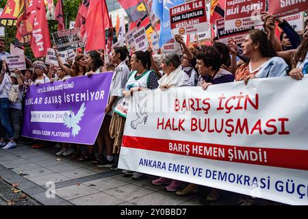 Ankara, Turquie. 01 Sep, 2024. Les manifestants tiennent des pancartes, des banderoles et des drapeaux lorsqu'ils chantent des slogans pendant la manifestation. Le 1er septembre, Journée mondiale de la paix, les syndicats et les organisations de la société civile à Ankara ont organisé un communiqué de presse conjoint. Crédit : SOPA images Limited/Alamy Live News Banque D'Images