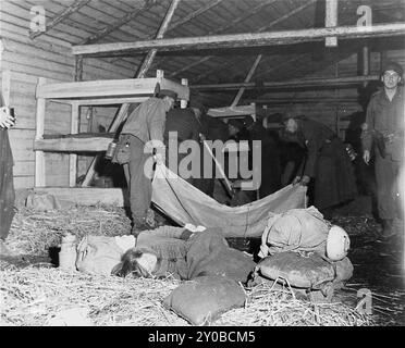 Les cadavres médicaux de la 71e division d'infanterie américaine de la 3e armée américaine regardent les soldats allemands capturés enlever les corps de l'intérieur d'une caserne à Gunskirchen. Au premier plan, une jeune fille juive est blottie dans la paille sur le sol de la caserne. Gunskirchen était un sous-camp du camp de concentration de Mauthausen construit par les SS en 1943. Bien que le complexe de Mauthausen n'était pas un centre d'extermination, la cruauté et la négligence étaient monnaie courante. L'armée américaine libère le camp le 6 mai 1945. Banque D'Images