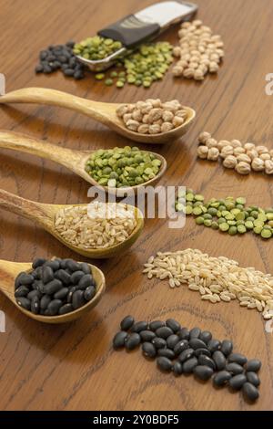 Grains séchés comme le riz, les haricots noirs, les haricots garbanzo, les pois cassés et les lentilles dans des cuillères en bois et en tas Banque D'Images