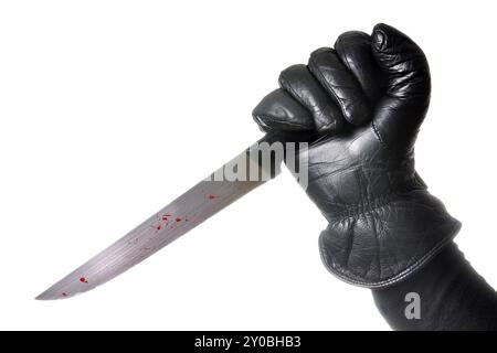 Main tenant couteau sanglant avec lueur autour de la main et de l'avant-bras. Fond blanc, isolé Banque D'Images