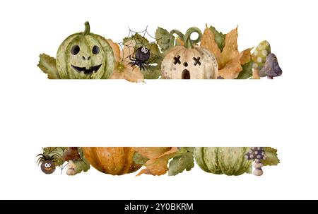 Citrouilles vibrantes au milieu de feuilles d'automne colorées, idéales pour les motifs et les célébrations sur le thème de l'Halloweenthème. Cadre horizontal isolé sur fond blanc pour la conception d'un livret, flyer, sites Web, articles, e-pack, étiquette ou publicité. Art numérique dans le style aquarelle. Banque D'Images