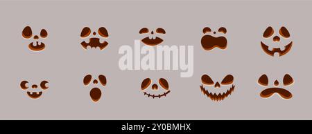 Visages drôles pour l'ensemble d'icônes vectorielles de couleur plate d'objets de sculpture de citrouille d'Halloween. Pack d'illustration de grimaces de monstres mignons sur fond gris Illustration de Vecteur