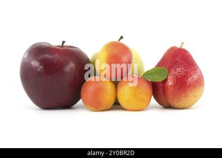 Abricots entiers mûrs, poire multicolore, pommes rouges et vertes isolées sur fond blanc. Fruits riches en multivitamines et juteux Banque D'Images