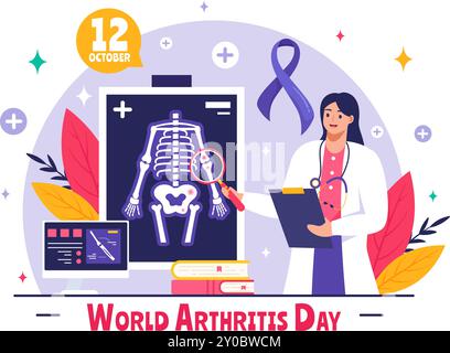 Illustration vectorielle de la Journée mondiale de l'arthrite pour le 12 octobre, présentant le traitement médical pour le rhumatisme et l'arthrose, avec une radiographie et un os Illustration de Vecteur