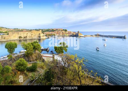 Port et ville de Collioure vus du point de vue de la Glorieta en Occitanie en France Banque D'Images
