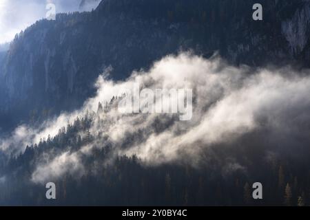 Forêt et montagnes au-dessus du Vorderer Gosausee en automne. Les rayons de soleil brillent à travers les nuages. Forêt enveloppée de nuages. Gosaukamm, Vorderer Banque D'Images