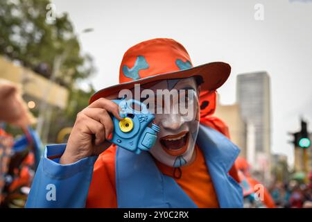 Bogota, Colombia. 28th July, 2024. Artists and dancers take part in a 'Comparsas' parade celebrating the 486th birthday of Bogota, Colombia, August, 31, 2024. Photo by: Cristian Bayona/Long Visual Press Credit: Long Visual Press/Alamy Live News Stock Photo