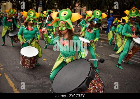 Bogota, Colombia. 28th July, 2024. Artists and dancers take part in a 'Comparsas' parade celebrating the 486th birthday of Bogota, Colombia, August, 31, 2024. Photo by: Cristian Bayona/Long Visual Press Credit: Long Visual Press/Alamy Live News Stock Photo