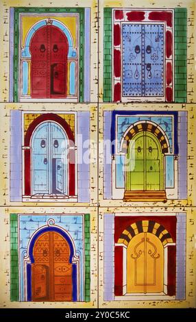 La Tunisie. Fragment de panneau en céramique avec des motifs architecturaux et floral Banque D'Images